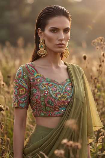 Basanti Kapde Aur Koffee_Olive Green Chinon Sweetheart Neck Ruffle Draped Blouse And Saree Set _Online_at_Aza_Fashions