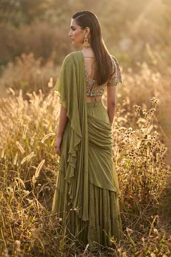 Shop_Basanti Kapde Aur Koffee_Olive Green Chinon Sweetheart Neck Ruffle Draped Blouse And Saree Set _at_Aza_Fashions