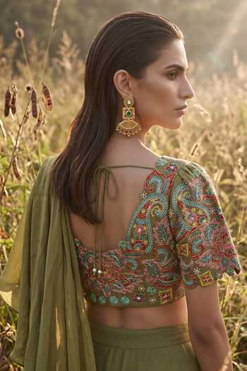 Buy_Basanti Kapde Aur Koffee_Olive Green Chinon Sweetheart Neck Ruffle Draped Blouse And Saree Set _Online_at_Aza_Fashions