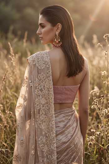 Buy_Basanti Kapde aur Koffee_Rose Gold Tissue Bandeau Neck Glass Draped Saree Set _Online_at_Aza_Fashions