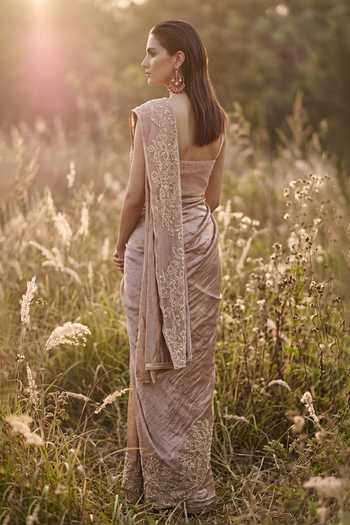 Shop_Basanti Kapde aur Koffee_Rose Gold Tissue Bandeau Neck Glass Draped Saree Set _at_Aza_Fashions
