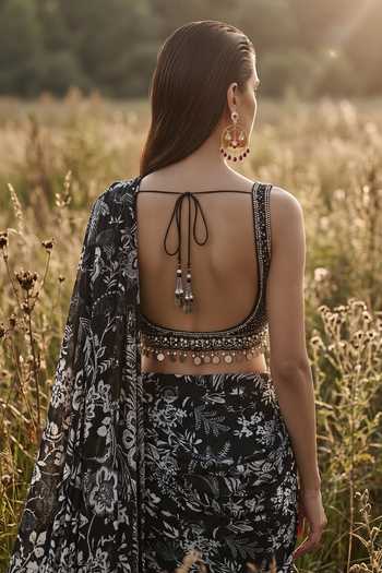 Buy_Basanti Kapde aur Koffee_Black Crepe Scoop Neck Draped Saree Set _Online_at_Aza_Fashions
