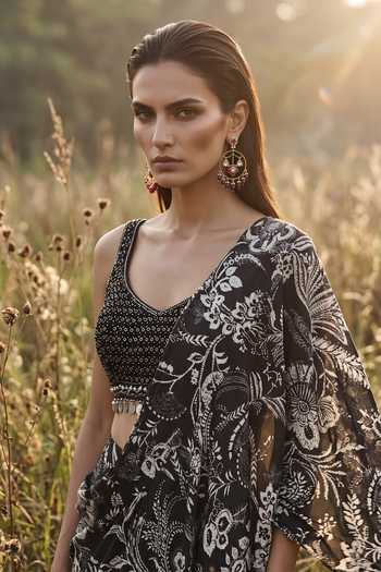 Shop_Basanti Kapde aur Koffee_Black Crepe Scoop Neck Draped Saree Set _Online_at_Aza_Fashions