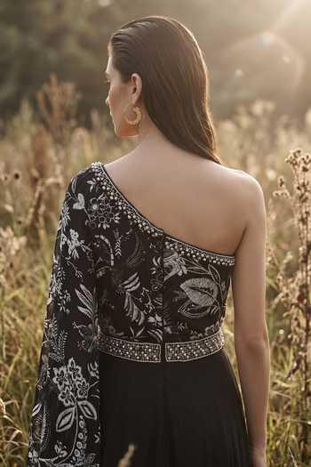 Shop_Basanti Kapde Aur Koffee_Black Crepe, Chantilly One Shoulder Midnight Fleur Embroidered Jumpsuit _at_Aza_Fashions