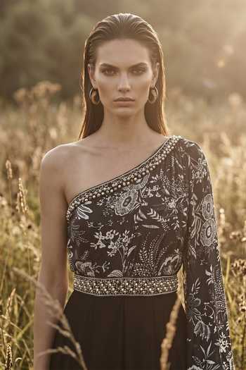 Basanti Kapde Aur Koffee_Black Crepe, Chantilly One Shoulder Midnight Fleur Embroidered Jumpsuit _Online_at_Aza_Fashions