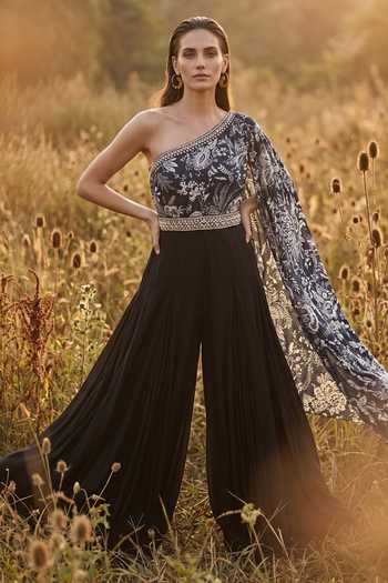 Buy_Basanti Kapde Aur Koffee_Black Crepe, Chantilly One Shoulder Midnight Fleur Embroidered Jumpsuit _at_Aza_Fashions