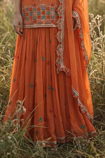 Buy_Basanti Kapde aur Koffee_Orange Chinon V-neck, Yes Imperial Amber Phulkari Sharara Set _Online_at_Aza_Fashions