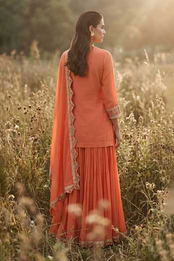 Shop_Basanti Kapde aur Koffee_Orange Chinon V-neck, Yes Imperial Amber Phulkari Sharara Set _at_Aza_Fashions