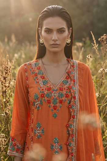 Shop_Basanti Kapde aur Koffee_Orange Chinon V-neck, Yes Imperial Amber Phulkari Sharara Set _Online_at_Aza_Fashions