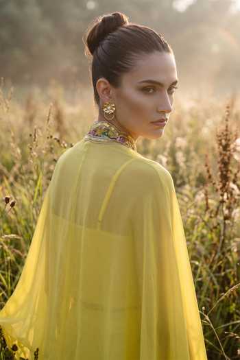 Basanti Kapde Aur Koffee_Yellow Organza Scoop Neck, Mandarin Collar Imperial Phulkari Skirt Set _Online_at_Aza_Fashions