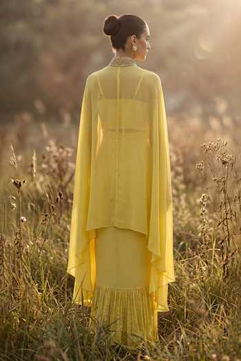 Shop_Basanti Kapde Aur Koffee_Yellow Organza Scoop Neck, Mandarin Collar Imperial Phulkari Skirt Set _at_Aza_Fashions