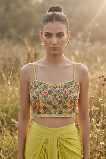 Buy_Basanti Kapde Aur Koffee_Yellow Organza Scoop Neck, Mandarin Collar Imperial Phulkari Skirt Set _Online_at_Aza_Fashions
