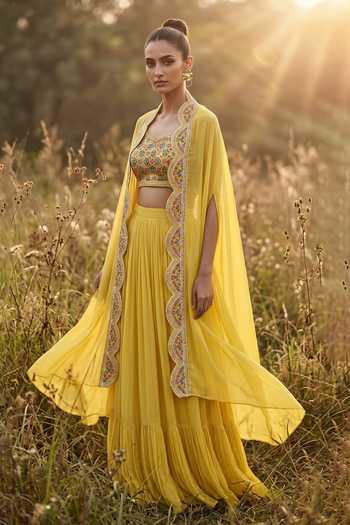 Buy_Basanti Kapde Aur Koffee_Yellow Organza Scoop Neck, Mandarin Collar Imperial Phulkari Skirt Set _at_Aza_Fashions
