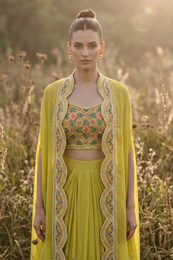 Shop_Basanti Kapde Aur Koffee_Yellow Organza Scoop Neck, Mandarin Collar Imperial Phulkari Skirt Set _Online_at_Aza_Fashions