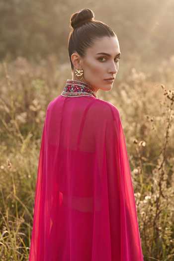 Basanti Kapde aur Koffee_Pink Organza Open Neck Imperial Rose Phulkari Cape Set _Online_at_Aza_Fashions