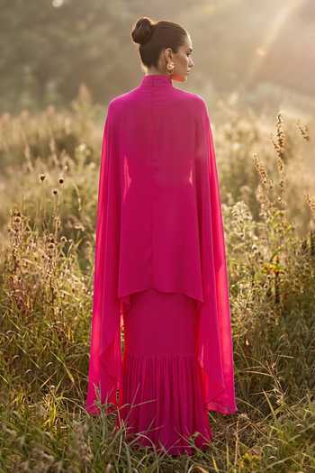 Shop_Basanti Kapde aur Koffee_Pink Organza Open Neck Imperial Rose Phulkari Cape Set _at_Aza_Fashions