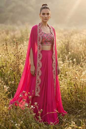 Buy_Basanti Kapde aur Koffee_Pink Organza Open Neck Imperial Rose Phulkari Cape Set _at_Aza_Fashions