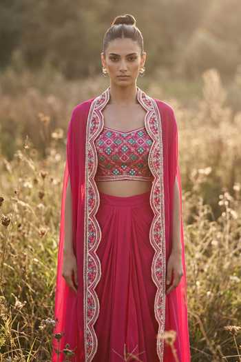 Buy_Basanti Kapde aur Koffee_Pink Organza Open Neck Imperial Rose Phulkari Cape Set _Online_at_Aza_Fashions