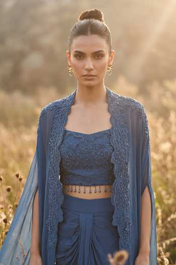 Buy_Basanti Kapde Aur Koffee_Blue Organza, Crepe Sweetheart Neck, Shawl Royal Dynasty Embroidered Cape Set_Online_at_Aza_Fashions