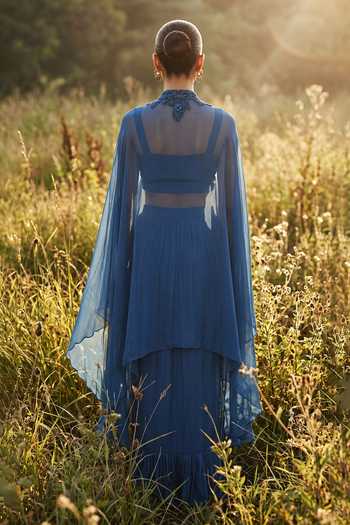 Shop_Basanti Kapde Aur Koffee_Blue Organza, Crepe Sweetheart Neck, Shawl Royal Dynasty Embroidered Cape Set_at_Aza_Fashions