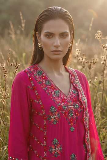 Buy_Basanti Kapde Aur Koffee_Fuchsia Chinon V-neck Imperial Rose Phulkari Sharara Set _Online_at_Aza_Fashions