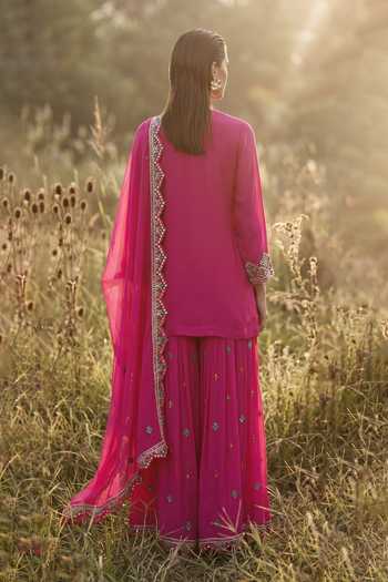 Shop_Basanti Kapde Aur Koffee_Fuchsia Chinon V-neck Imperial Rose Phulkari Sharara Set _at_Aza_Fashions