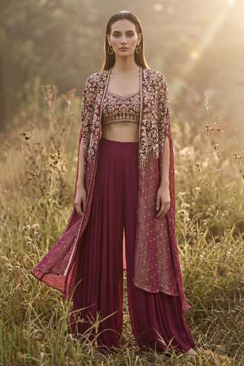 Buy_Basanti Kapde aur Koffee_Wine Crepe, Banarasi Sweetheart Neck Mulberry Muse Phulkari Cape Set _at_Aza_Fashions