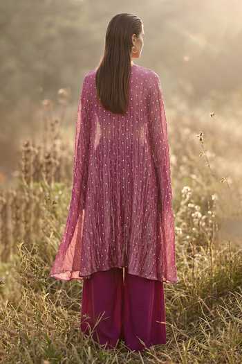 Shop_Basanti Kapde aur Koffee_Wine Crepe, Banarasi Sweetheart Neck Mulberry Muse Phulkari Cape Set _at_Aza_Fashions