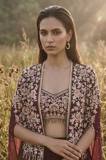Buy_Basanti Kapde aur Koffee_Wine Crepe, Banarasi Sweetheart Neck Mulberry Muse Phulkari Cape Set _Online_at_Aza_Fashions