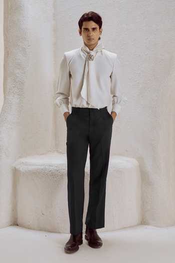 Buy_Nirmooha_Ivory Suiting Finial Bow Tie Shirt And Pant Set _at_Aza_Fashions