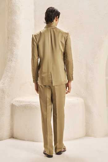 Nirmooha_Olive Green Satin, Bemberg Neo Draped Jacket And Pant Set _Online_at_Aza_Fashions