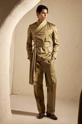 Buy_Nirmooha_Olive Green Satin, Bemberg Neo Draped Jacket And Pant Set _Online_at_Aza_Fashions