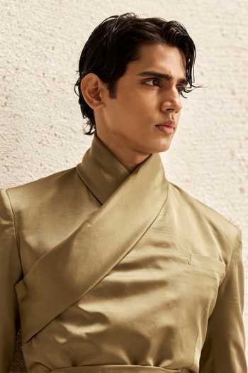 Shop_Nirmooha_Olive Green Satin, Bemberg Neo Draped Jacket And Pant Set _Online_at_Aza_Fashions
