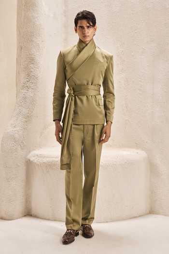 Buy_Nirmooha_Olive Green Satin, Bemberg Neo Draped Jacket And Pant Set _at_Aza_Fashions