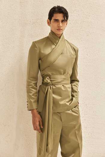 Nirmooha_Olive Green Satin, Bemberg Neo Draped Jacket And Pant Set _at_Aza_Fashions