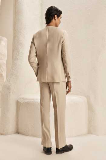 Shop_Nirmooha_Ivory Microfiber Arris Tailored Blazer Set _at_Aza_Fashions