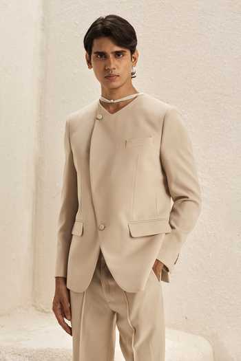 Nirmooha_Ivory Microfiber Arris Tailored Blazer Set _Online_at_Aza_Fashions