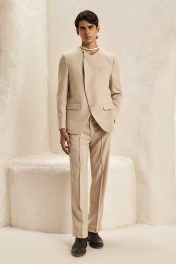 Buy_Nirmooha_Ivory Microfiber Arris Tailored Blazer Set _at_Aza_Fashions