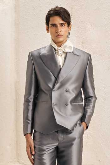 Nirmooha_Grey Silk, Suiting, Taffeta Ashlar Metallic Double Breasted Blazer Set _Online_at_Aza_Fashions