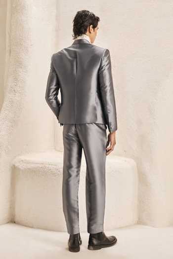 Shop_Nirmooha_Grey Silk, Suiting, Taffeta Ashlar Metallic Double Breasted Blazer Set _at_Aza_Fashions