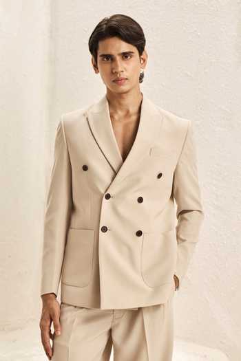 Nirmooha_Ivory Microfiber Caelum Double Breasted Blazer And Pant Set _Online_at_Aza_Fashions