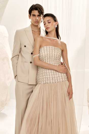 Buy_Nirmooha_Ivory Microfiber Caelum Double Breasted Blazer And Pant Set _Online_at_Aza_Fashions