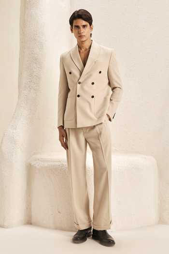 Buy_Nirmooha_Ivory Microfiber Caelum Double Breasted Blazer And Pant Set _at_Aza_Fashions