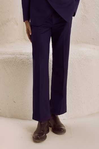 Nirmooha_Purple Suiting Quoin Asymmetric Bandhgala Set _Online_at_Aza_Fashions