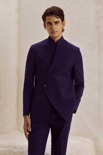 Buy_Nirmooha_Purple Suiting Quoin Asymmetric Bandhgala Set _Online_at_Aza_Fashions