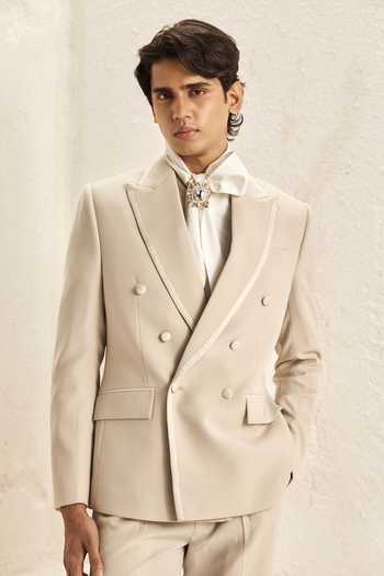 Shop_Nirmooha_Ivory Satin, Bemberg, Microfiber Naos Double Breasted Tuxedo Set _Online_at_Aza_Fashions