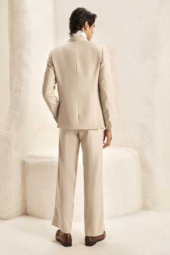 Nirmooha_Ivory Satin, Bemberg, Microfiber Naos Double Breasted Tuxedo Set _Online_at_Aza_Fashions