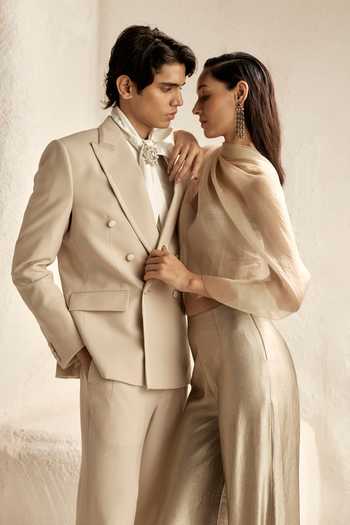 Buy_Nirmooha_Ivory Satin, Bemberg, Microfiber Naos Double Breasted Tuxedo Set 