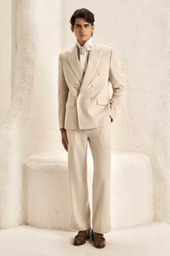 Buy_Nirmooha_Ivory Satin, Bemberg, Microfiber Naos Double Breasted Tuxedo Set _at_Aza_Fashions