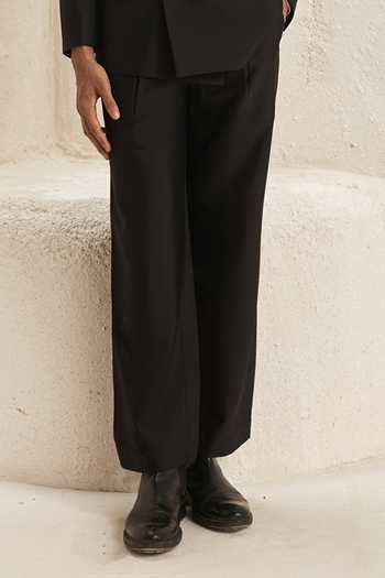 Nirmooha_Black Suiting, Microsuit, Microfiber Embroidery Core Power Bandhgala Set _Online_at_Aza_Fashions